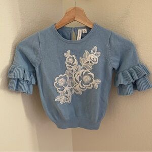 Janie and Jack Blue Ruffle Sleeve Sweater with Floral Applique Size 6